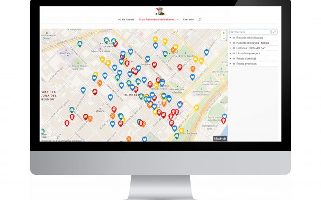 Disseny de la pàgina web de l’Arxiu Audiovisual del Poblenou, en la qual hem elaborat un mapa virtual traspassant el conjunt de records del barri (en format audiovisual, de text i d’àudio), que Els Fumats han anat recollint durant més d’un any.